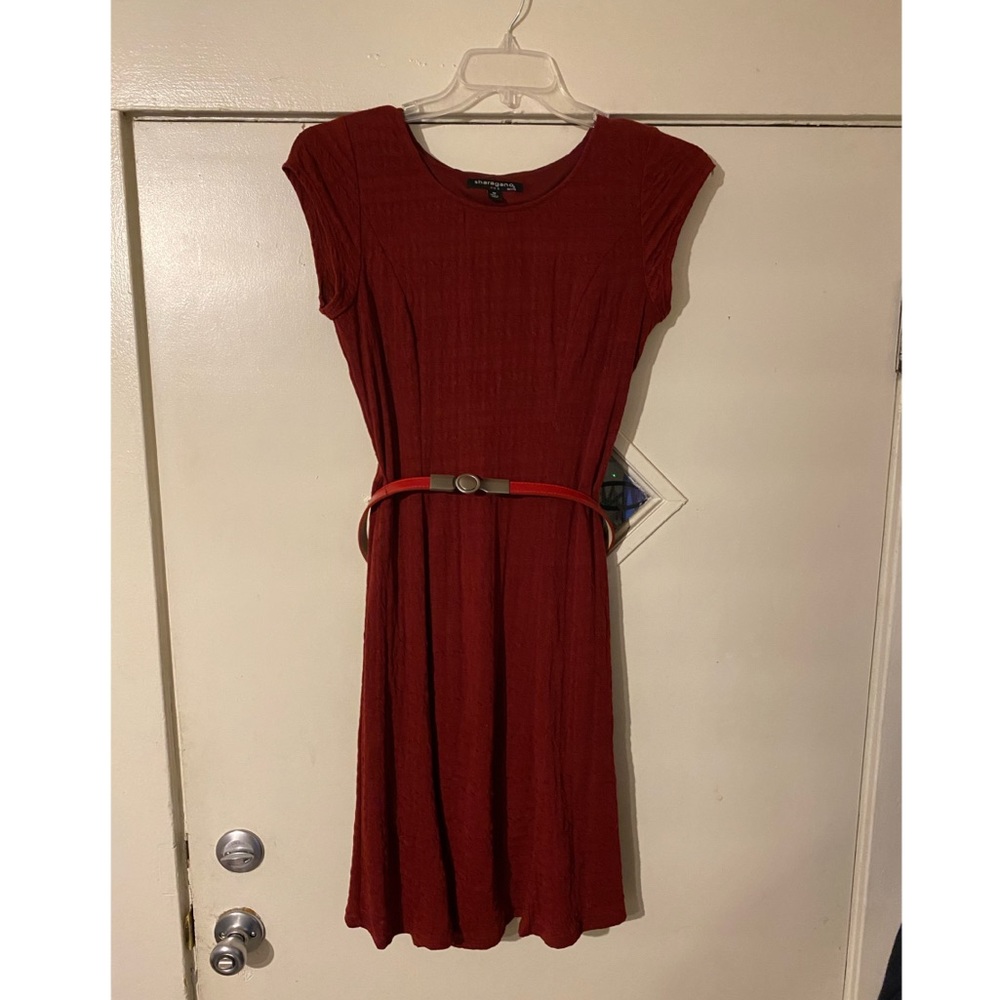 Red stretch knit belted dress